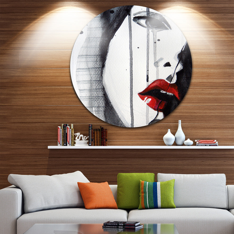 Black Illustrated Girl Close-Up, Portrait Painting Round Wall Art, 23"
