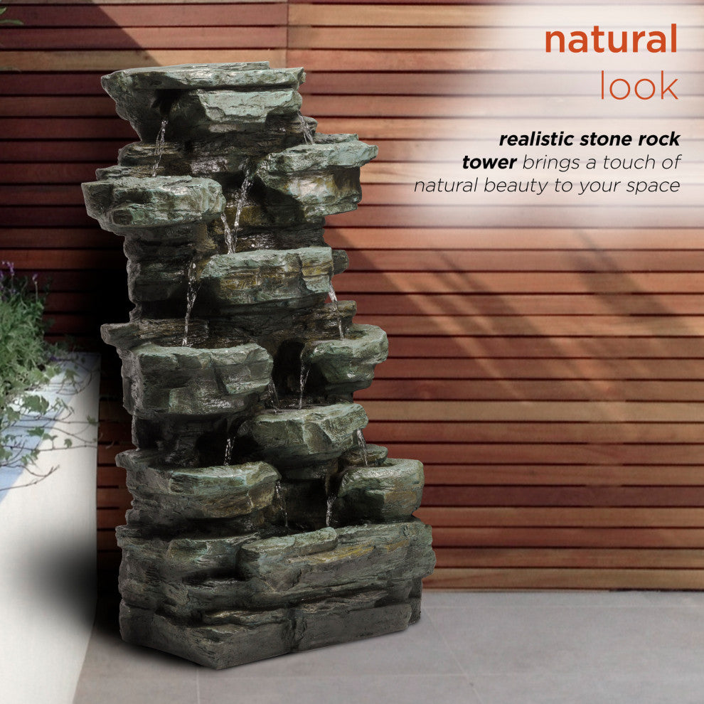 39" Tall Outdoor Multi-Tier Rock Water Fountain with LED Lights