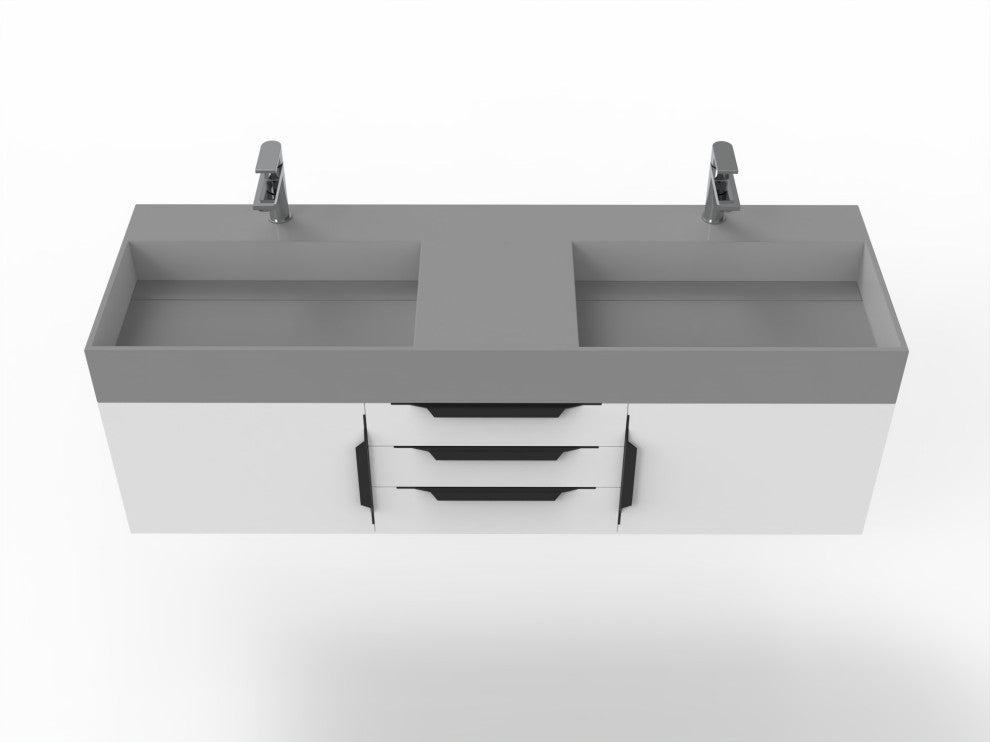 CastelloUSA Amazon 60" Wall Mounted Bathroom Vanity Set, White, Gray Top, Black Handles