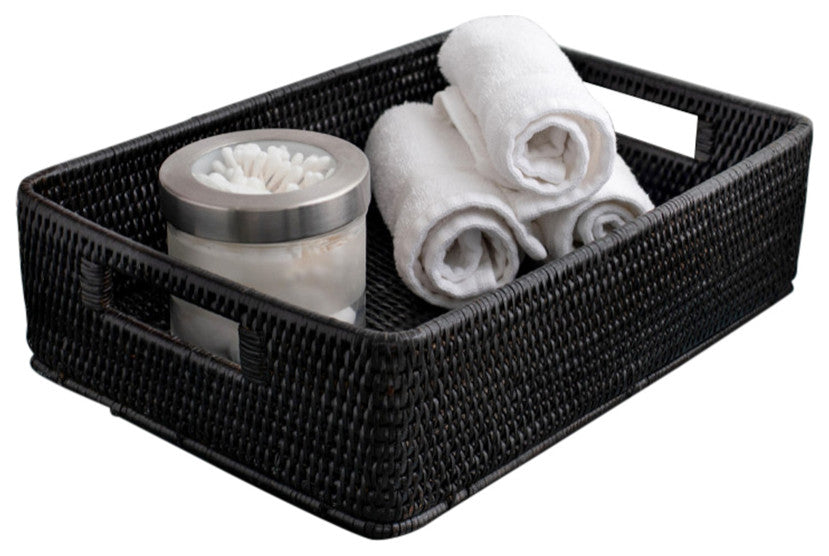 Artifacts Rattan Rectangular Storage Basket With Rounded Corners, Tudor Black