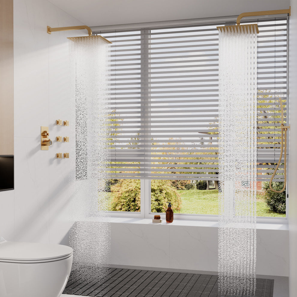 12" Dual Heads Shower System with 4 Way Thermostatic Faucet, Brushed Gold
