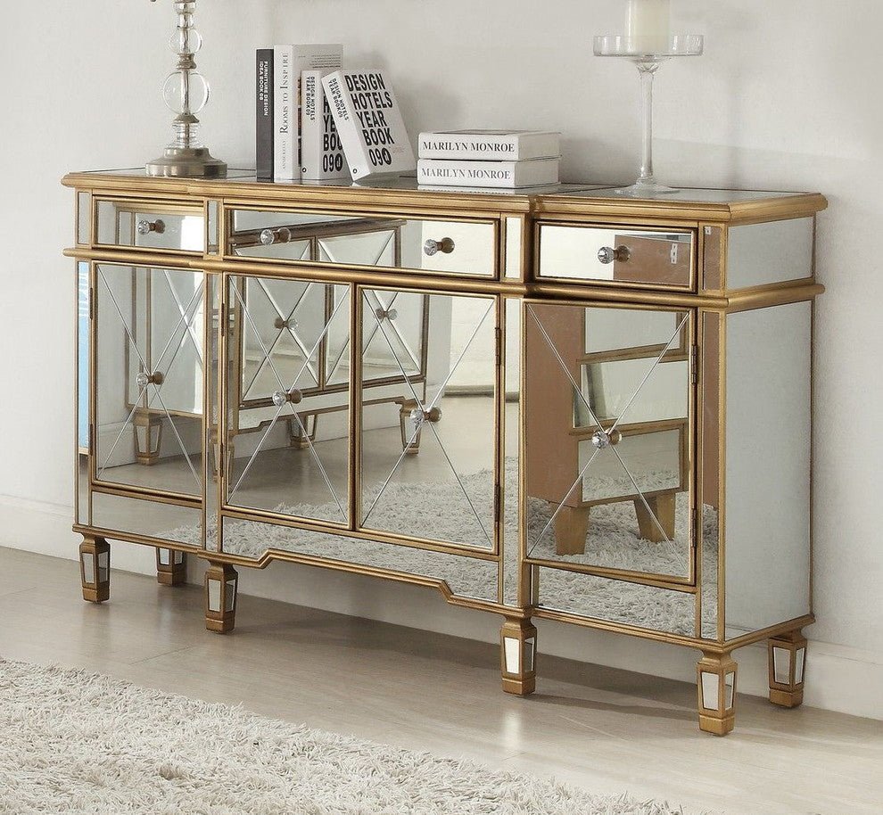 60" Euro Mirrored Reflection Andrea Hall Console Gold Trim Cabinet Dh-427-304