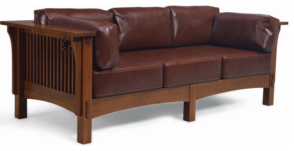 Mission Crofter Style Solid Quarter Sawn Oak and Leather Sofa, Brown Leather