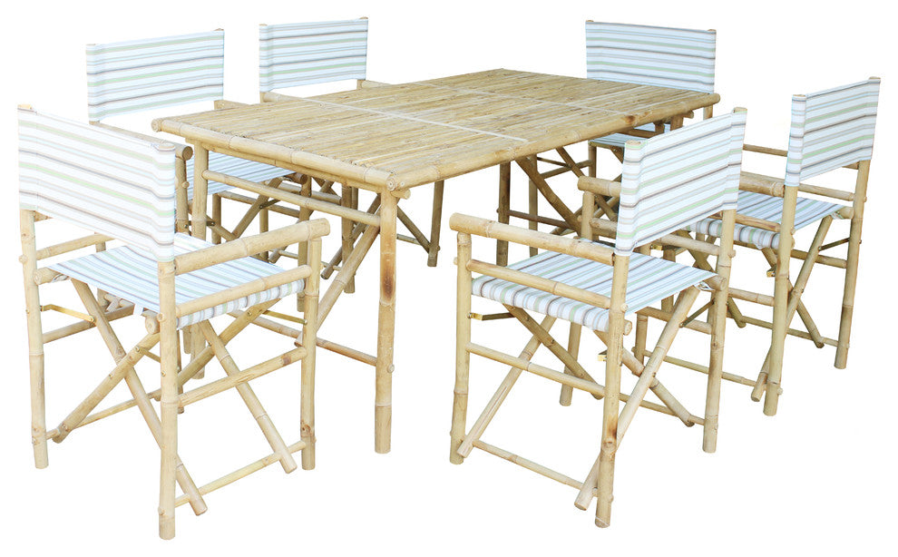 Set of Bamboo Rectangular Table, 6 Director Chair, Pale Stripes
