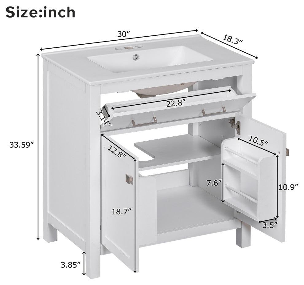 30 Inch Bathroom Vanity with Ceramic Sink, White