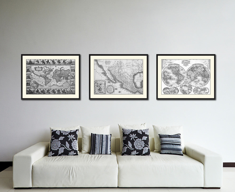 Mexico Vintage Map Print On Canvas With Black Custom Frame, 28" X 37"