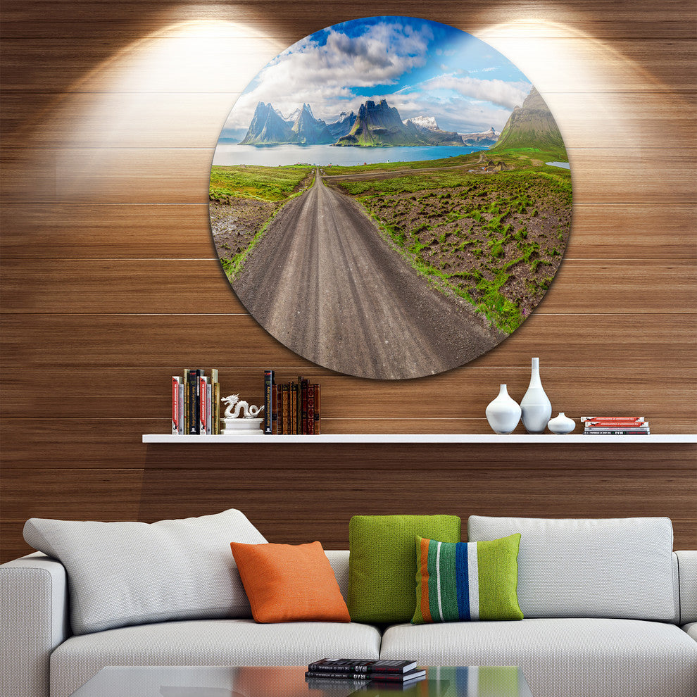 Peaks And Fjords Panoramic View, Landscape Disc Metal Artwork, 38"