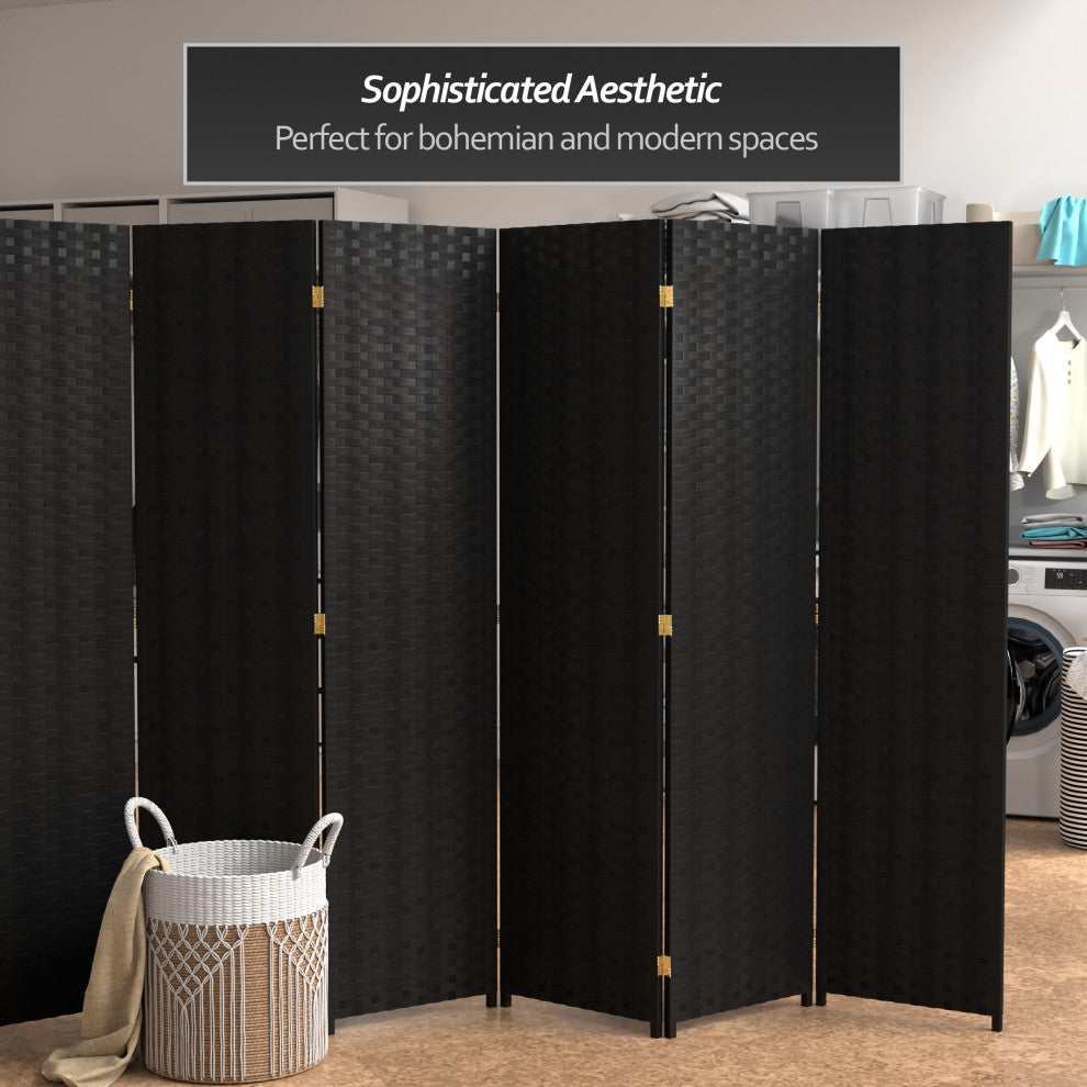 6' Tall Woven Fiber Room Divider, 6 Panel, Black