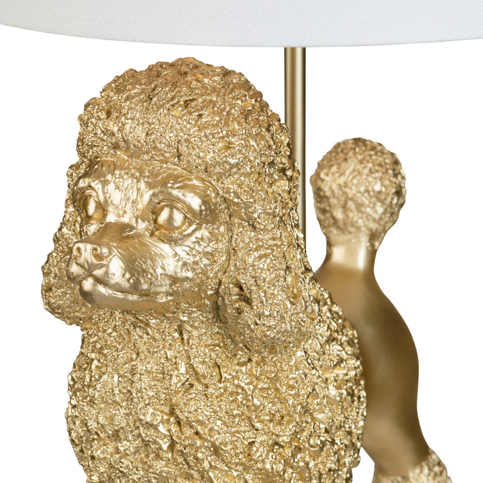 23" Gold Resin Poodle Dog Table Lamp With White Drum Shade