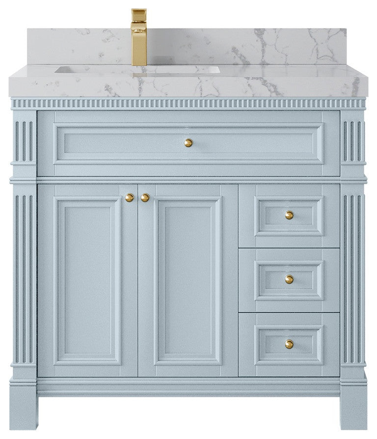 Paris 36" Left Offset Bathroom Vanity, Blue Heather 2" Venatino Quartz