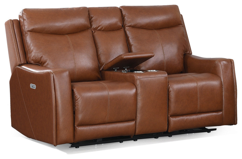 Natalia Power Loveseat Console Leather Recliner, Caramel