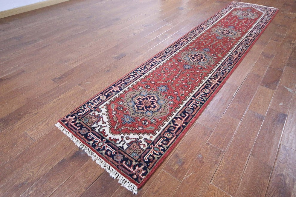 Oriental Heriz Serapi Red and Navy Blue Floral Hand-Knotted Wool Rug, 3'x12'