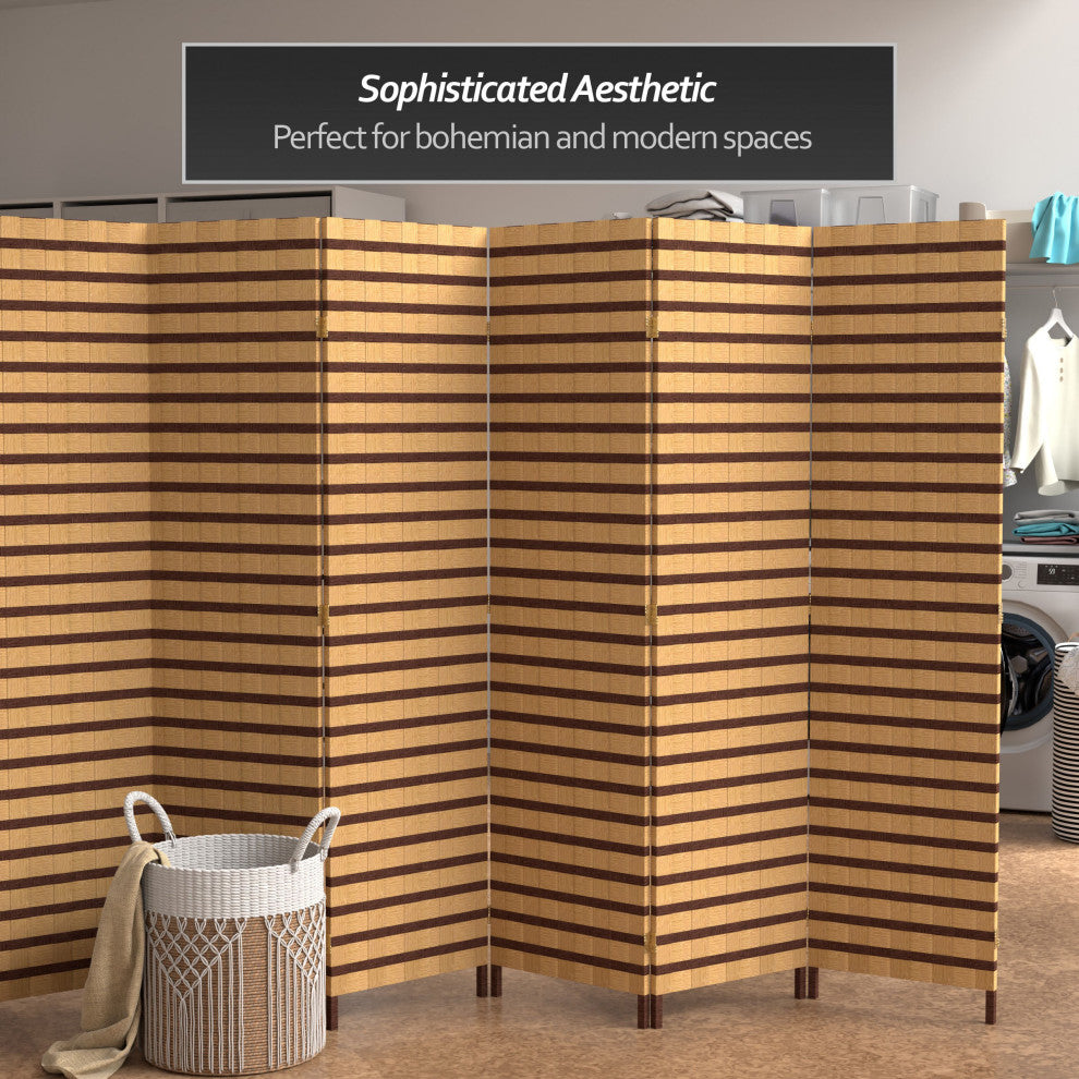 6' Tall Two Tone Natural Fiber Room Divider, 6 Panel