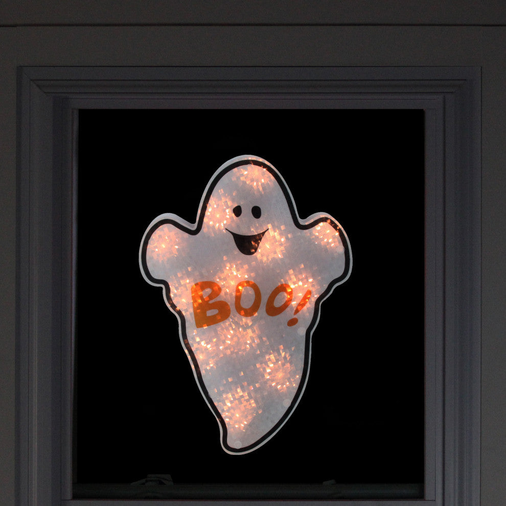 12" Lighted White Holographic Ghost Halloween Window Silhouette Decor