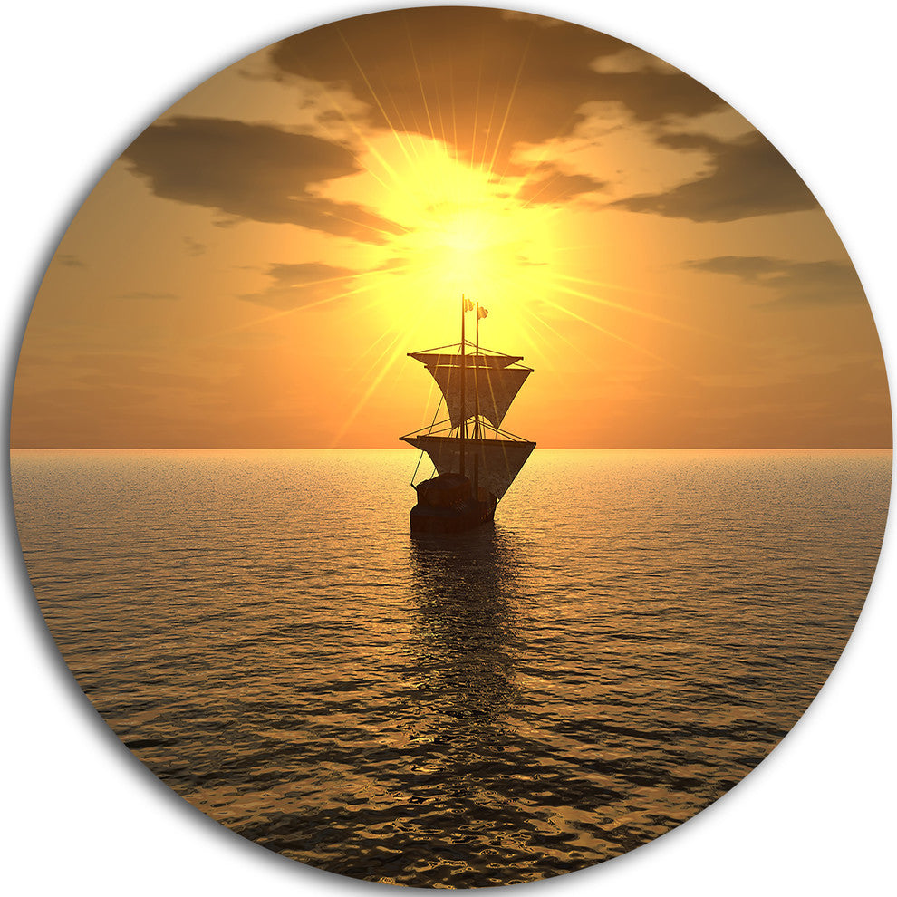 Ship And Sunset, Seascape Photography Disc Metal Wall Art, 11"