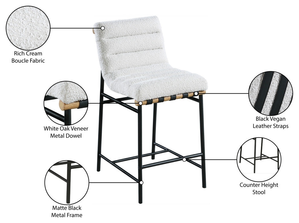 Burke Counter Stool, Cream, Boucle Fabric, White Oak Veneer Metal Dowel
