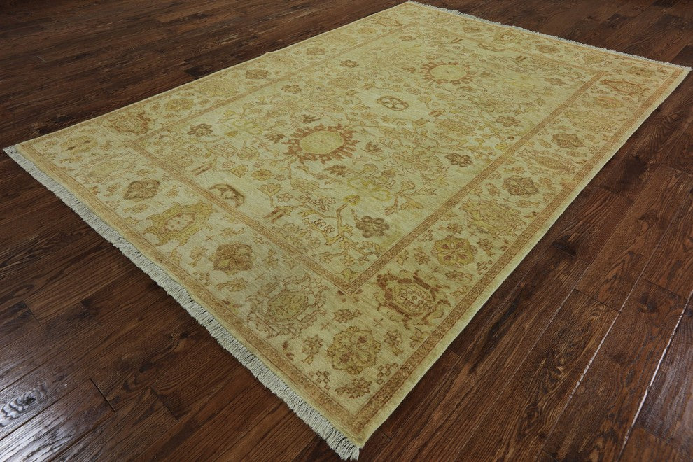 Oushak Oriental Ivory Hand-Knotted Peshawar Chobi Wool Rug, 6'x9'