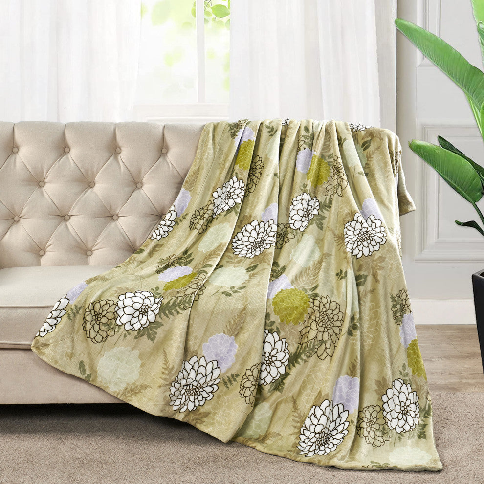 Floral Printed Flannel Throw, Hydrangea