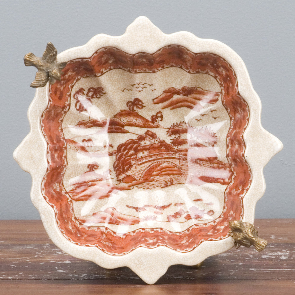 Platter with bronze birds accent- red and white