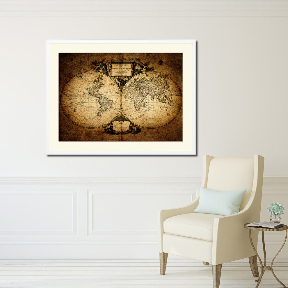 World Old Map Print On Canvas With Picture Frame Art Collection 16" X 21"