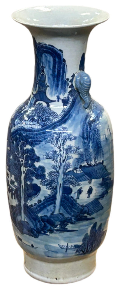 23" Vintage Blue White Scenery Porcelain Elephant Head Ear Art Vase Hws4363