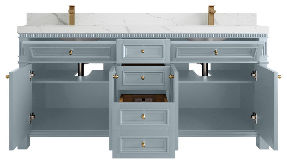Paris 72" Double Sink Bathroom Vanity, Blue Heather 2" Calacatta Laza