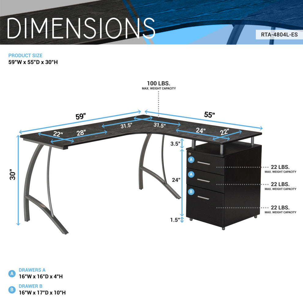 Techni Mobili L-Shape Corner Desk With File Cabinet