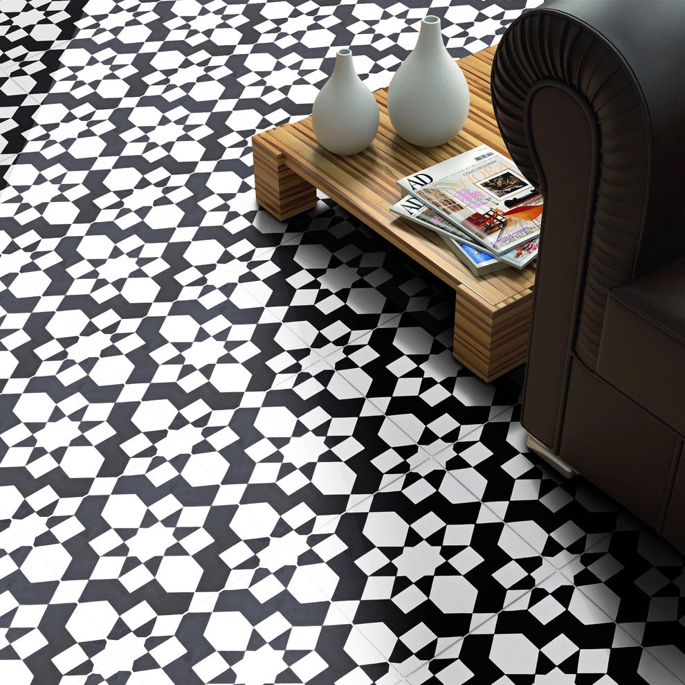 8"x8" Affos Handmade Cement Tile, White,Black, Set of 12