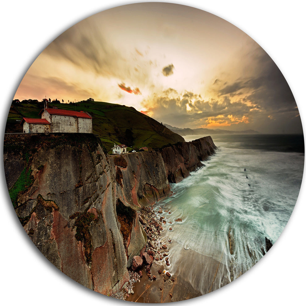 Ocean Hitting Rocky Hill, Seashore Photo Round Wall Art, 23"