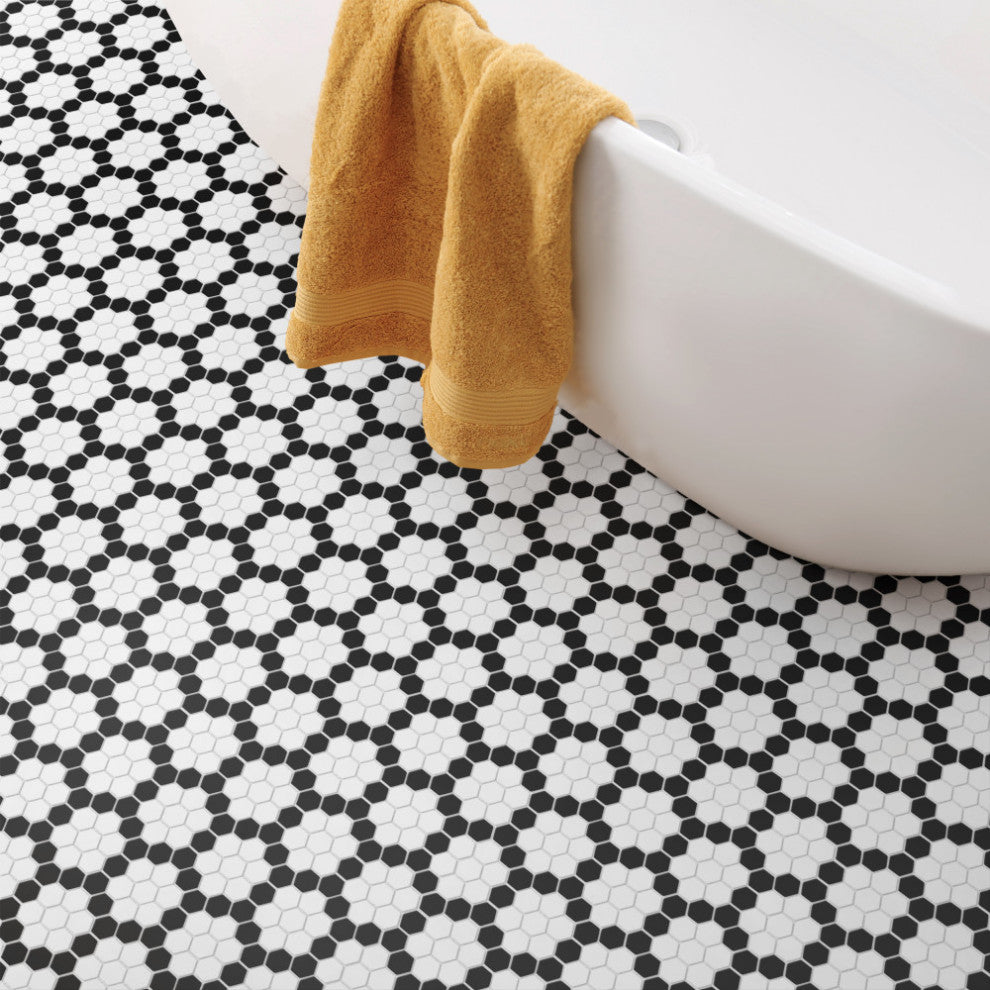 Metro 1" Hex Porcelain Mosaic Floor and Wall Tile, Wht Blk Hncom