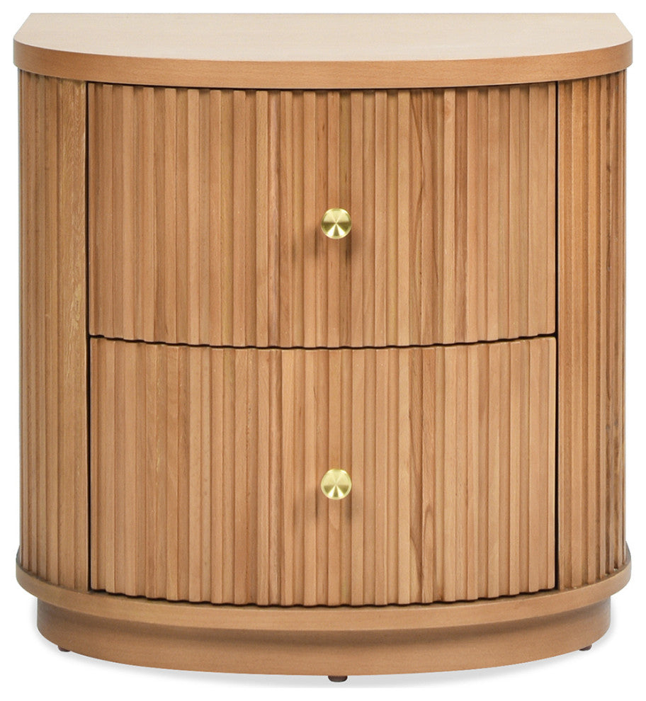 Valentine 24" 2-Drawer Fluted Storage Side Table, Natural Brown Beech Wood