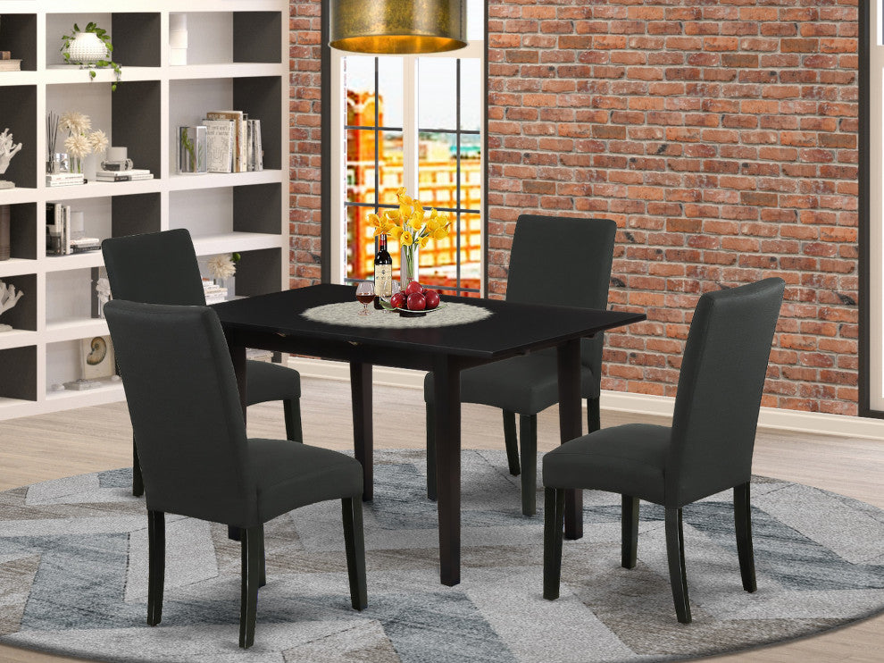 5Pc Dining Set, 4 Parson Chairs, Butterfly Leaf Dining Table, Black