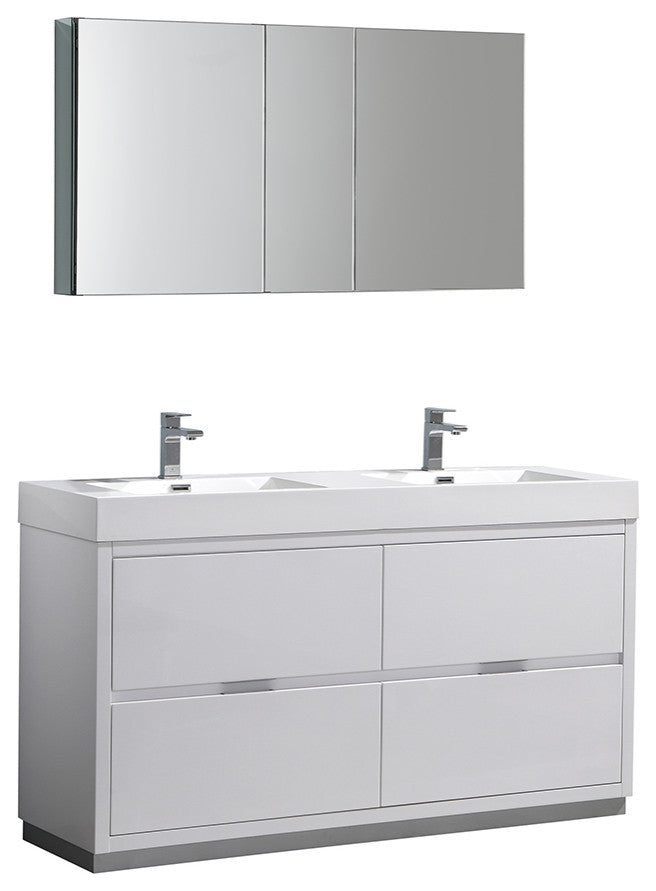Valencia 60" Glossy White Free Standing Double Sink Vanity, Faucet FFT3071BN