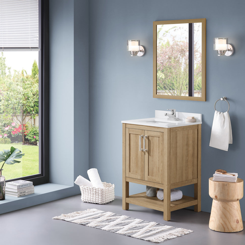 Ove Decors Vegas Single Sink Bathroom Vanity Set With Countertop, White, White Oak, 24"
