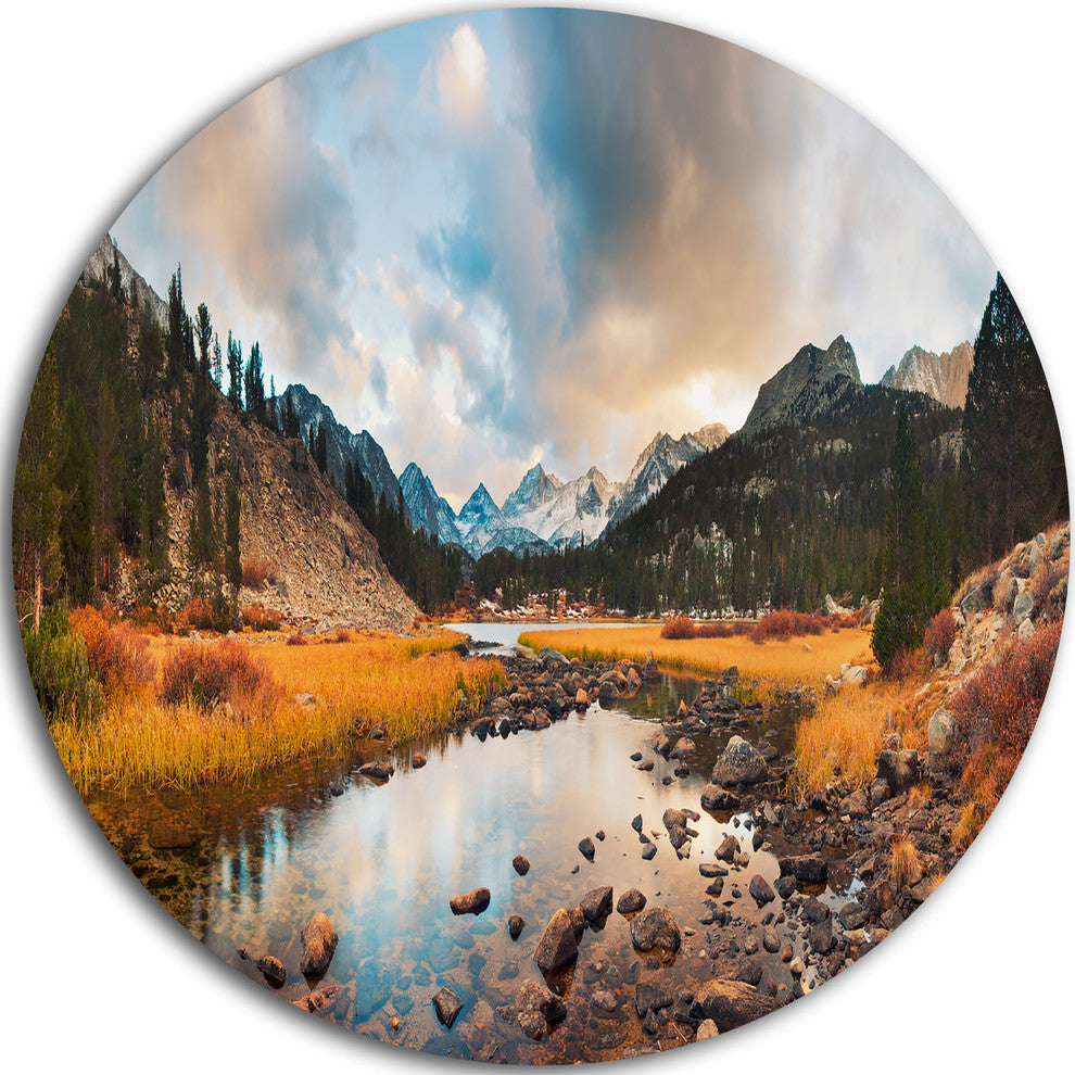 Rocky Lake Sunset Panorama, Modern Seashore Disc Metal Wall Art, 11"