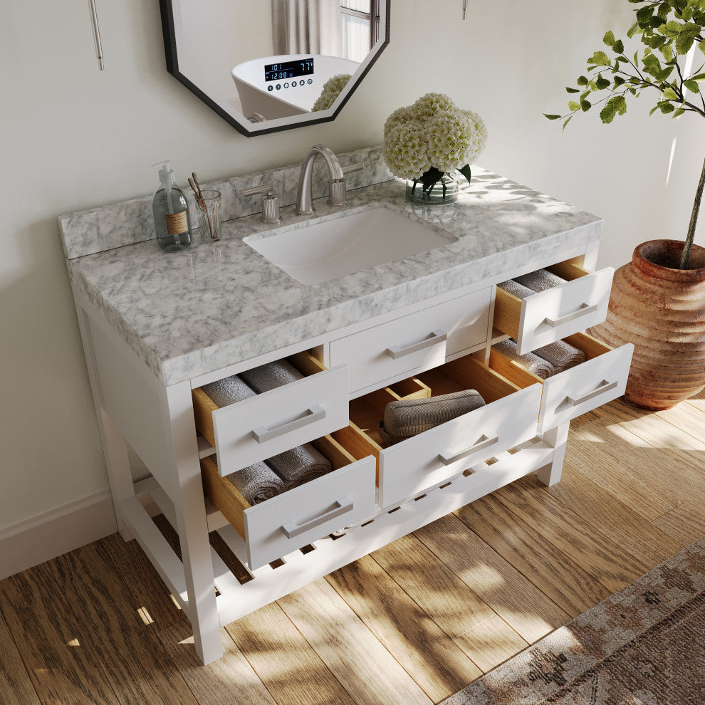 Arcadia Bath Vanity, White, 48", Brushed Nickel Hardware, Single, Freestanding