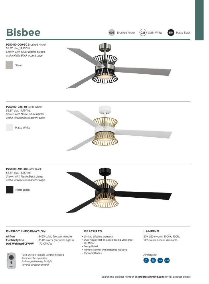 Bisbee Collection 55" 3-Blade Global Ceiling Fan, Matte Black