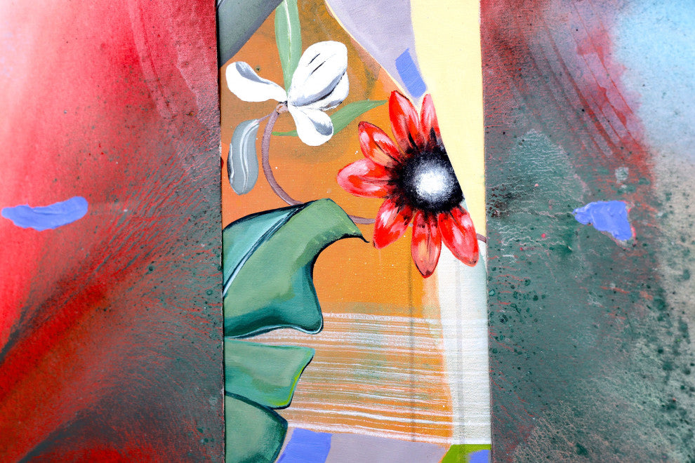 Sunflower landscape painting, Abstract minimal artwork, Mixed media art