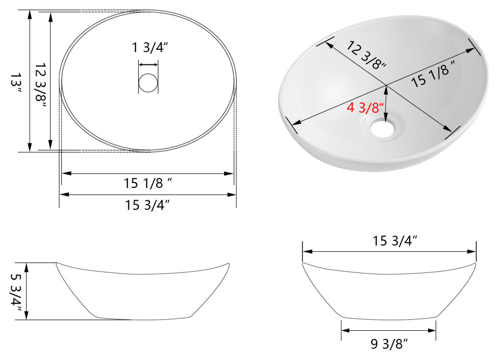 16" x 13" Oval White Ceramic Modern Egg Shape Above Counter Bathroom Vessel Sink