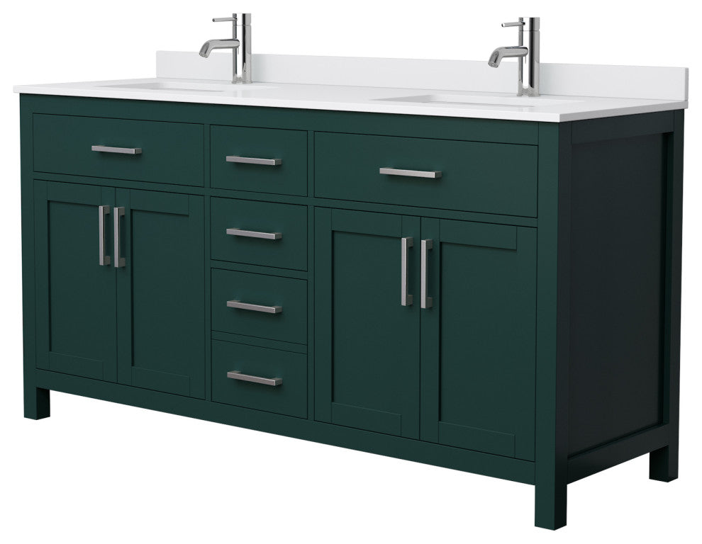 Beckett 66" Green Double Vanity, White Cultured Marble Top, Nickel Trim
