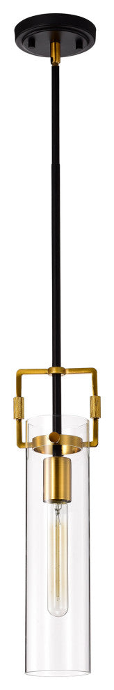 1-Light Black and Antique Gold Mini Pendant With Clear Cylindrical Glass ShadeFe
