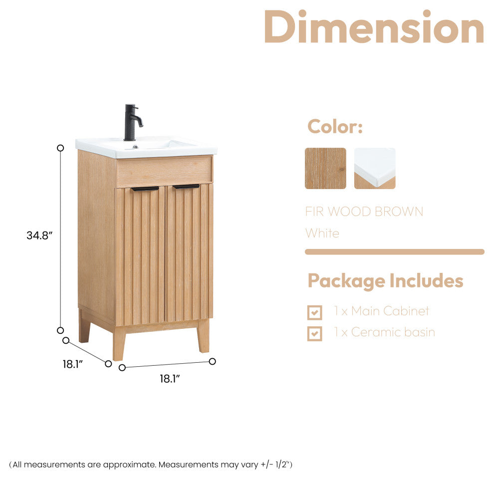 Palos Bathroom Vanity, Fir Wood Brown, 18", Ceramic Top, No Mirror