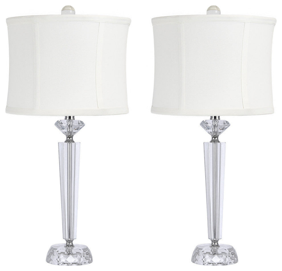 25.75" Clear Crystal Table Lamps,  Polished Nickel/Off White Shades, Set of 2