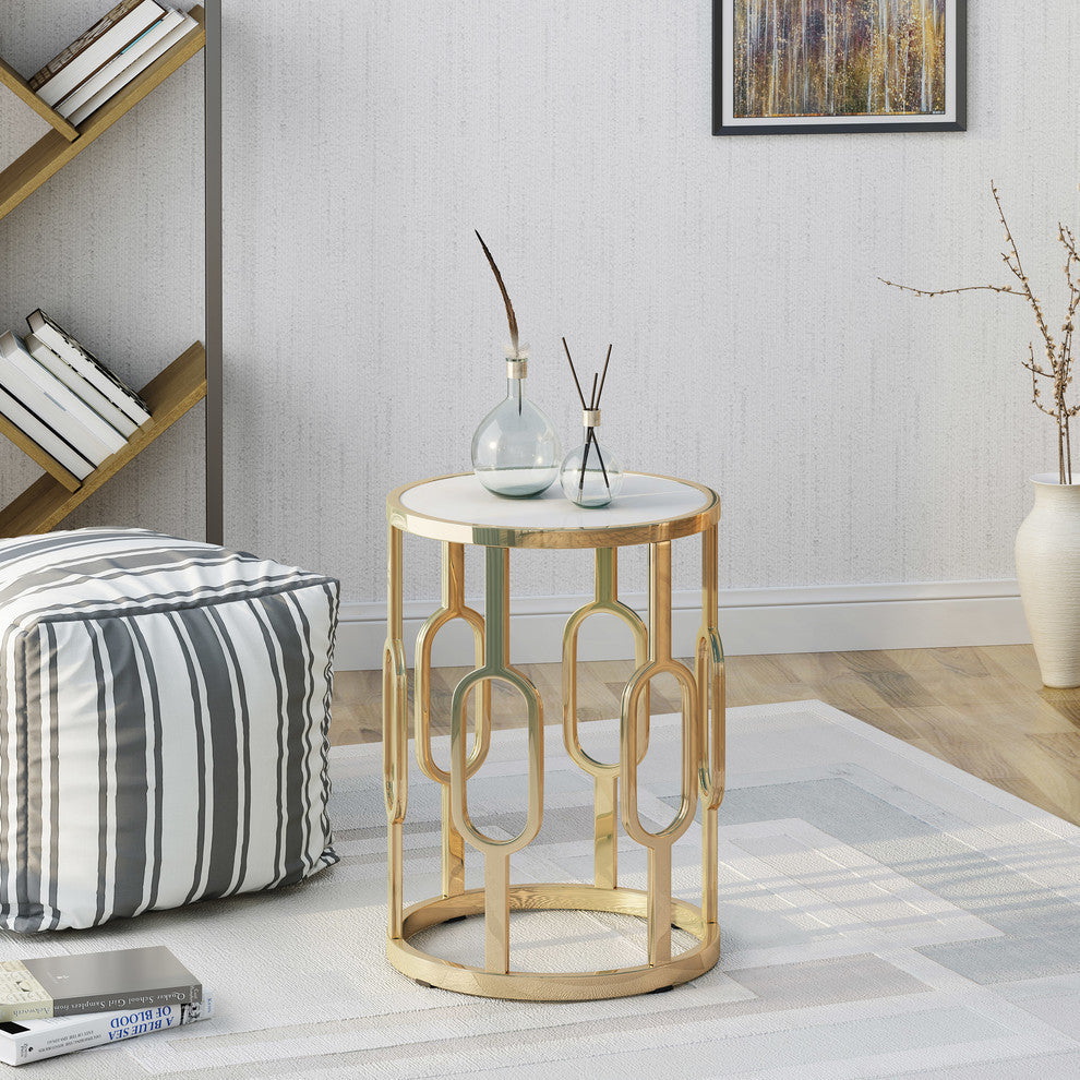 GDF Studio Madison Indoor Glam 16" White Finish Faux Stone Side Table