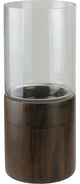 Clear Glass Hurricane Pillar Candle Holder With Wooden Base, 15.25"