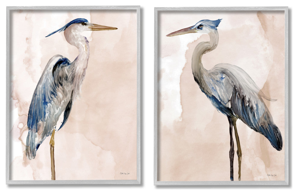 Beautiful Heron Birds Standing Watercolor Painting, 2pc, each 11 x 14