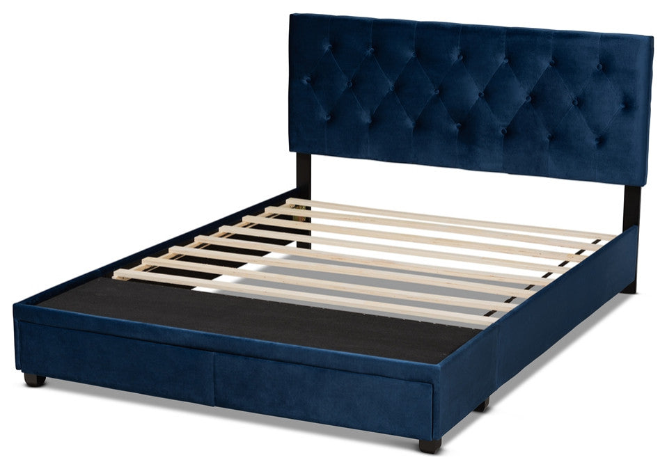 Navy Blue Velvet Fabric Upholstered 2-Drawer Queen Size Platform Storage Bed