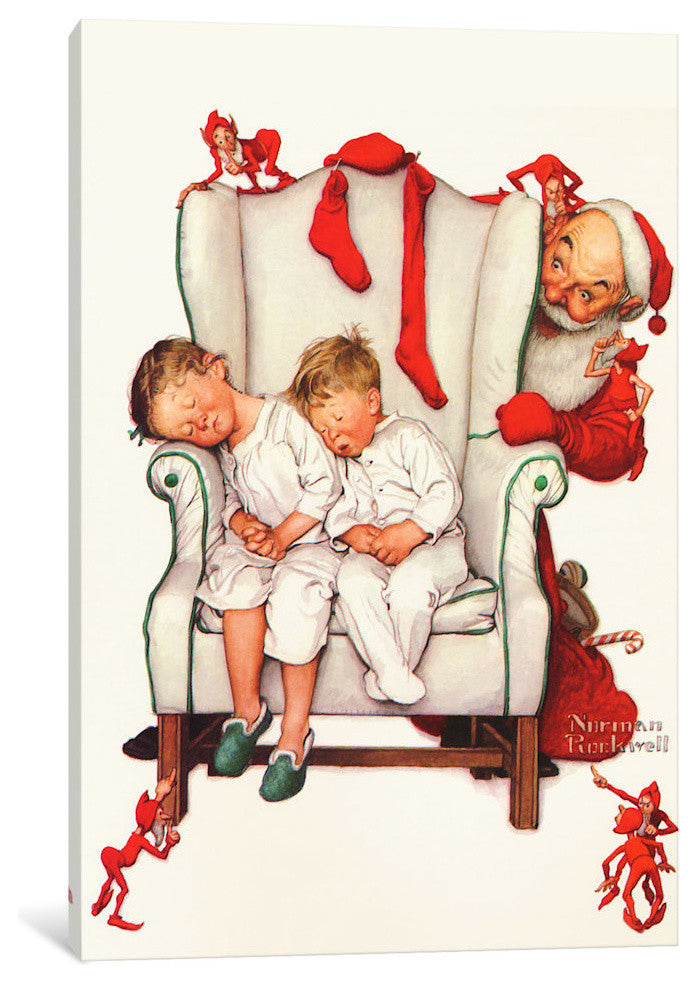 "Santa Looking at Two Sleeping Children" by Norman Rockwell, 26x18x1.5"