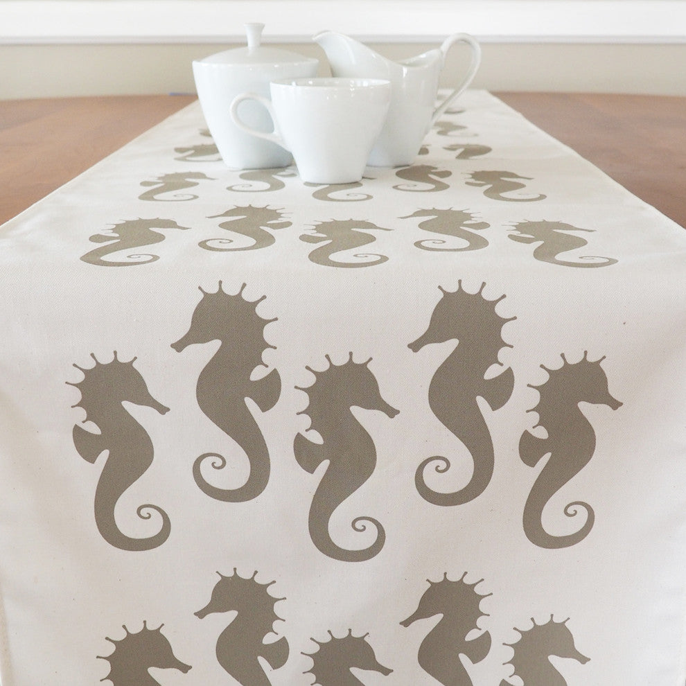 Seahorse Eco Coastal Table Runner, 16"x90", Cream