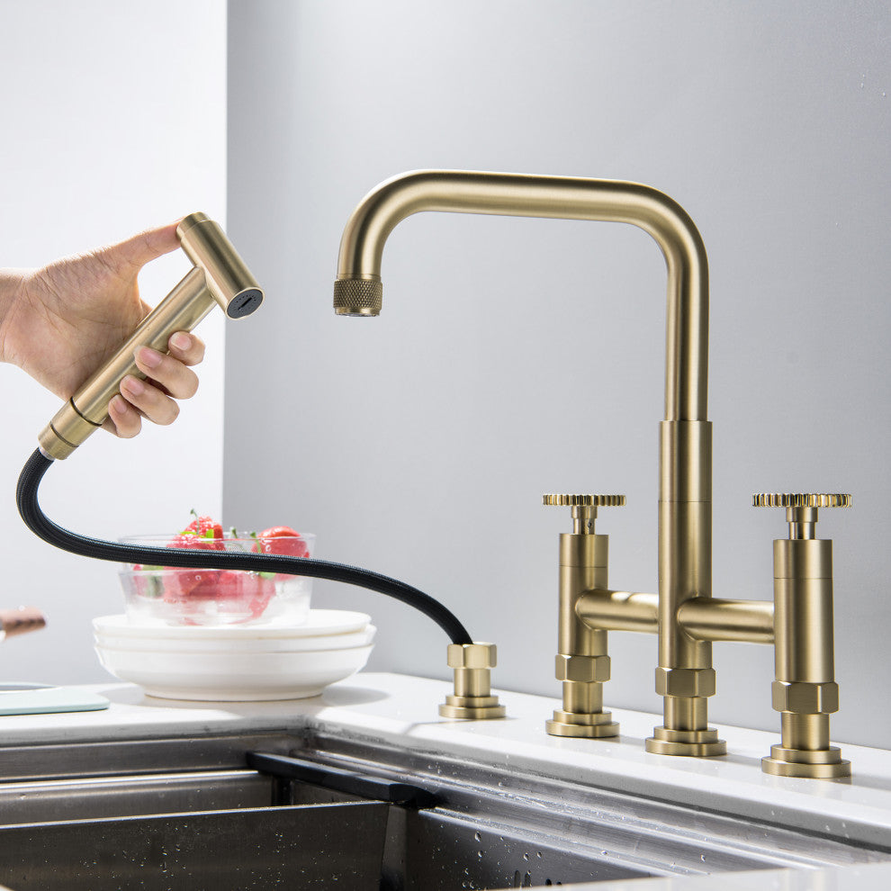 Deck-Mount Bridge Kitchen Sink Faucet With Dual Wheel Handles and Side Sprayer,